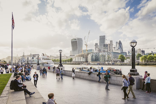 View over the Thames with people walking by